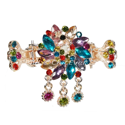 Haargreifer Pfau Haarspange Haarkneifer Haarklammer Metall & Strass bunt blau lila gold 4882e - zum Schließen ins Bild klicken